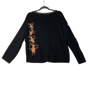 Vtg Erma's Closet Christmas Embroidered Reindeer Back Black‎ Cardigan Sweater XL
